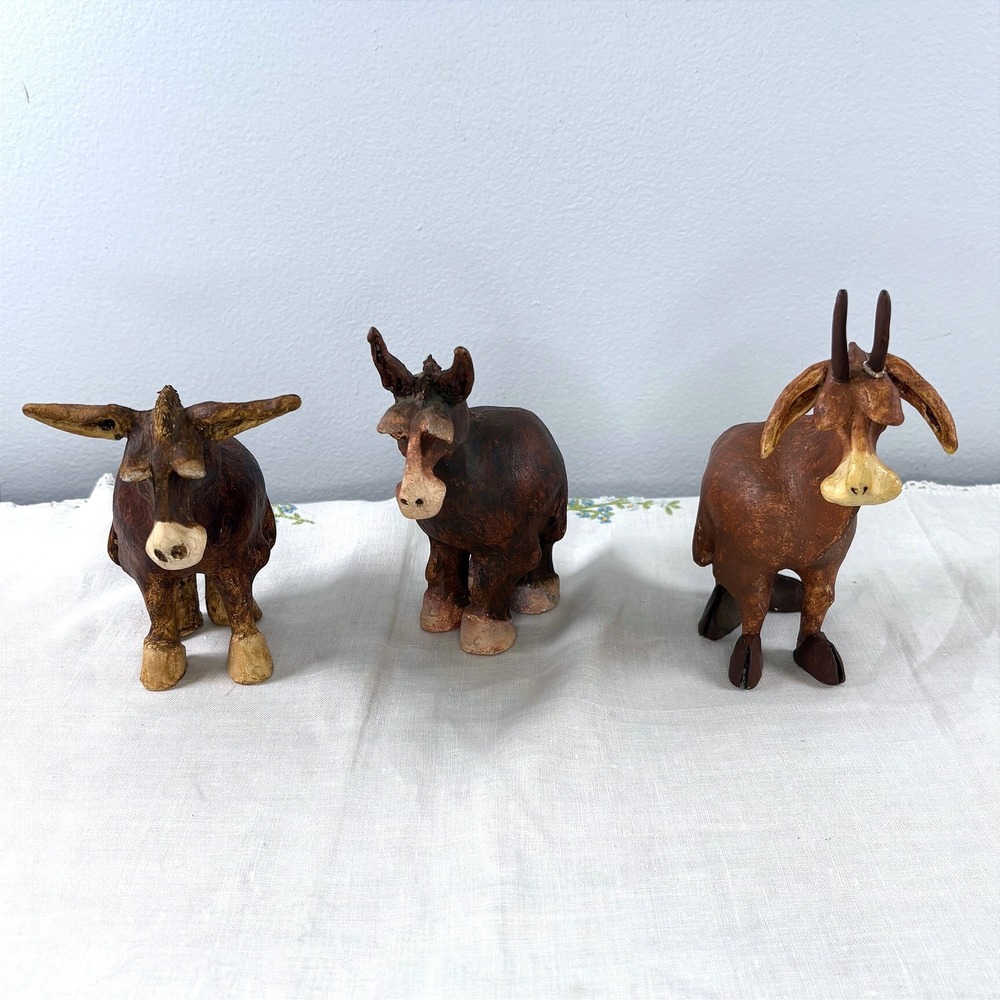 Vintage Folk Art Clay Donkey and Goat Figurines Set of 3 Rustic Hand Painted